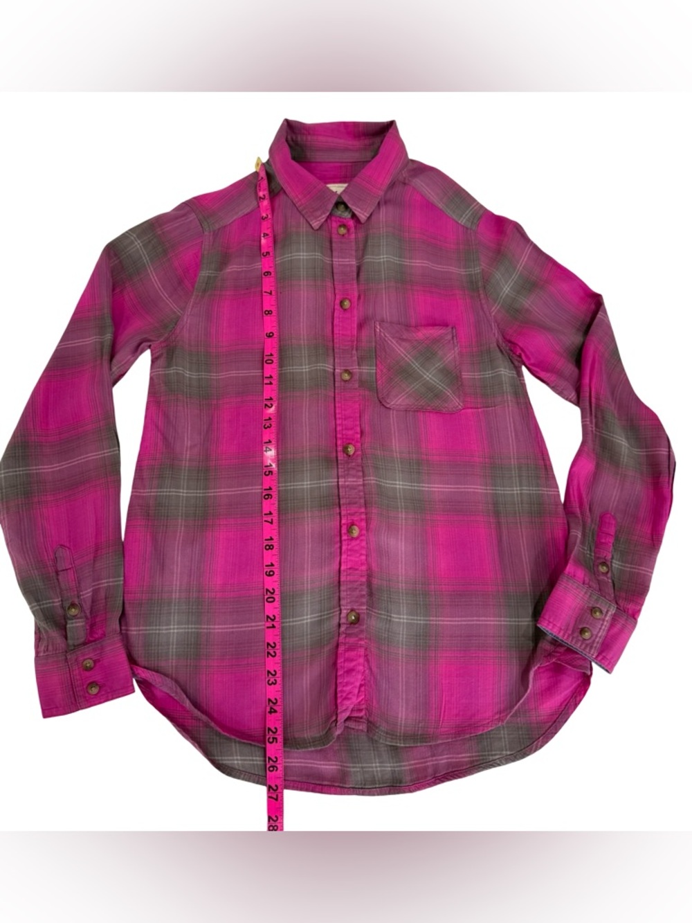 American Eagle Vintage Boyfriend Pink Gray Plaid Flannel Button-Down XS - Picture 11 of 14